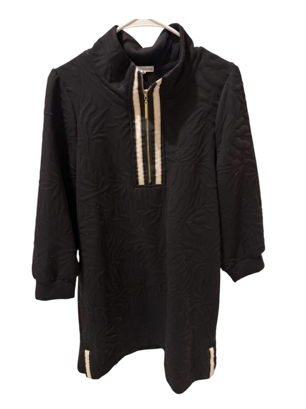Mary Square Black Quilted Pullover Dress with Gold Trim